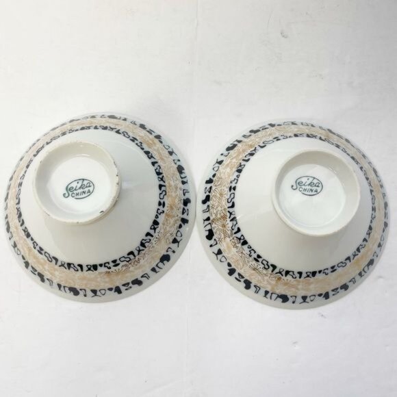 Set of Two (2) Seika China Rice Bowls Black Gold Mod Pictures Heiroglyphics - Picture 8 of 9